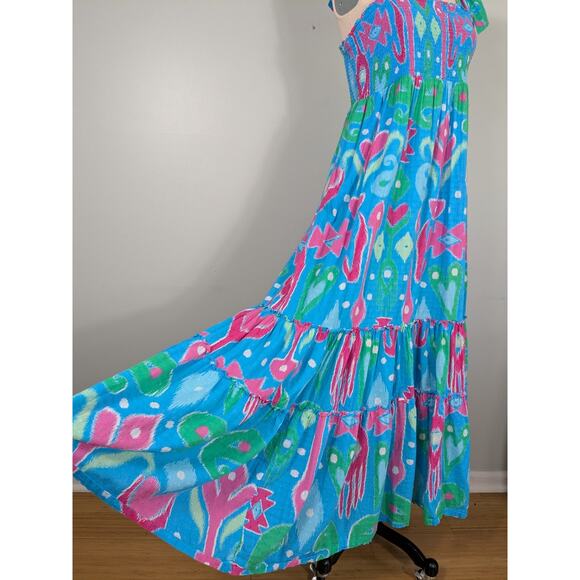 Crown Ivy Maxi Dress XL Blue Pink Ikat Smocked Tie Tiered Swiss Dot Beach Preppy - Picture 3 of 14